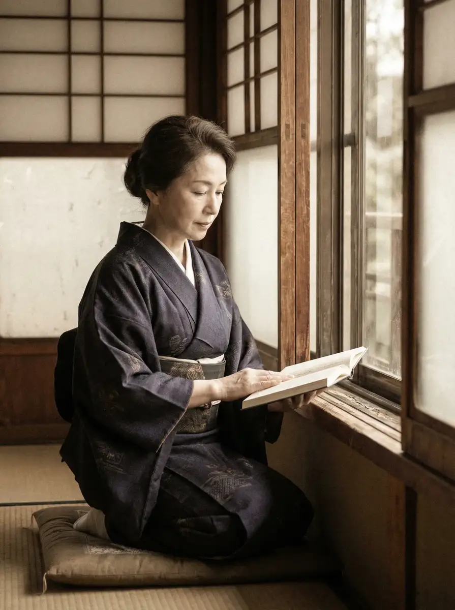 一位优雅的五十岁 俄罗斯美女 身穿深蓝色和服，在窗边静读